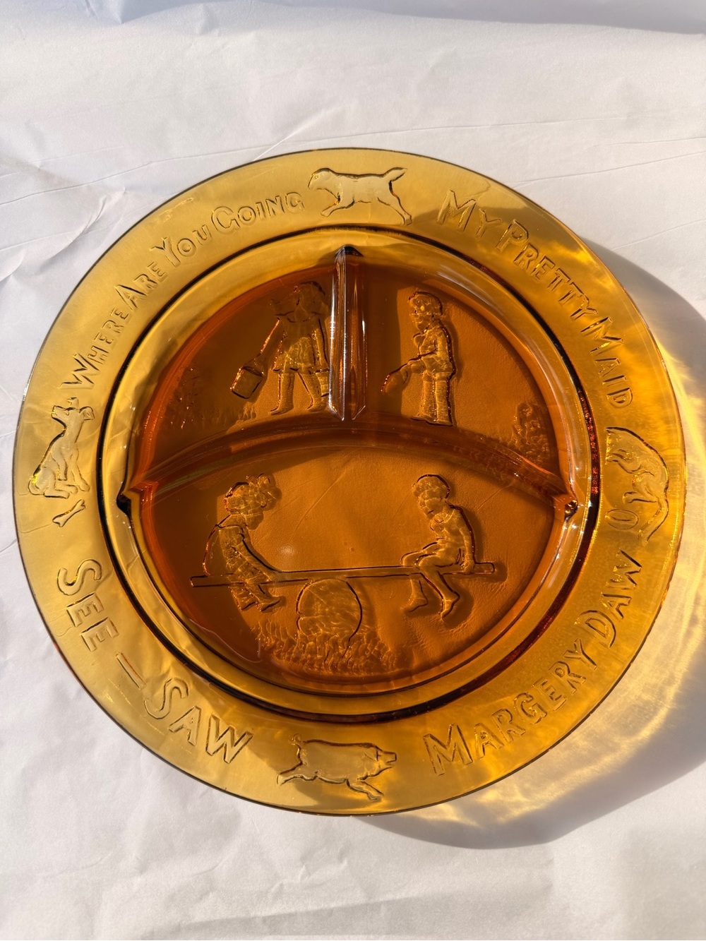 Vintage Tiara Indiana Glass Amber Nursery Rhyme Divided Plate See Saw Margery